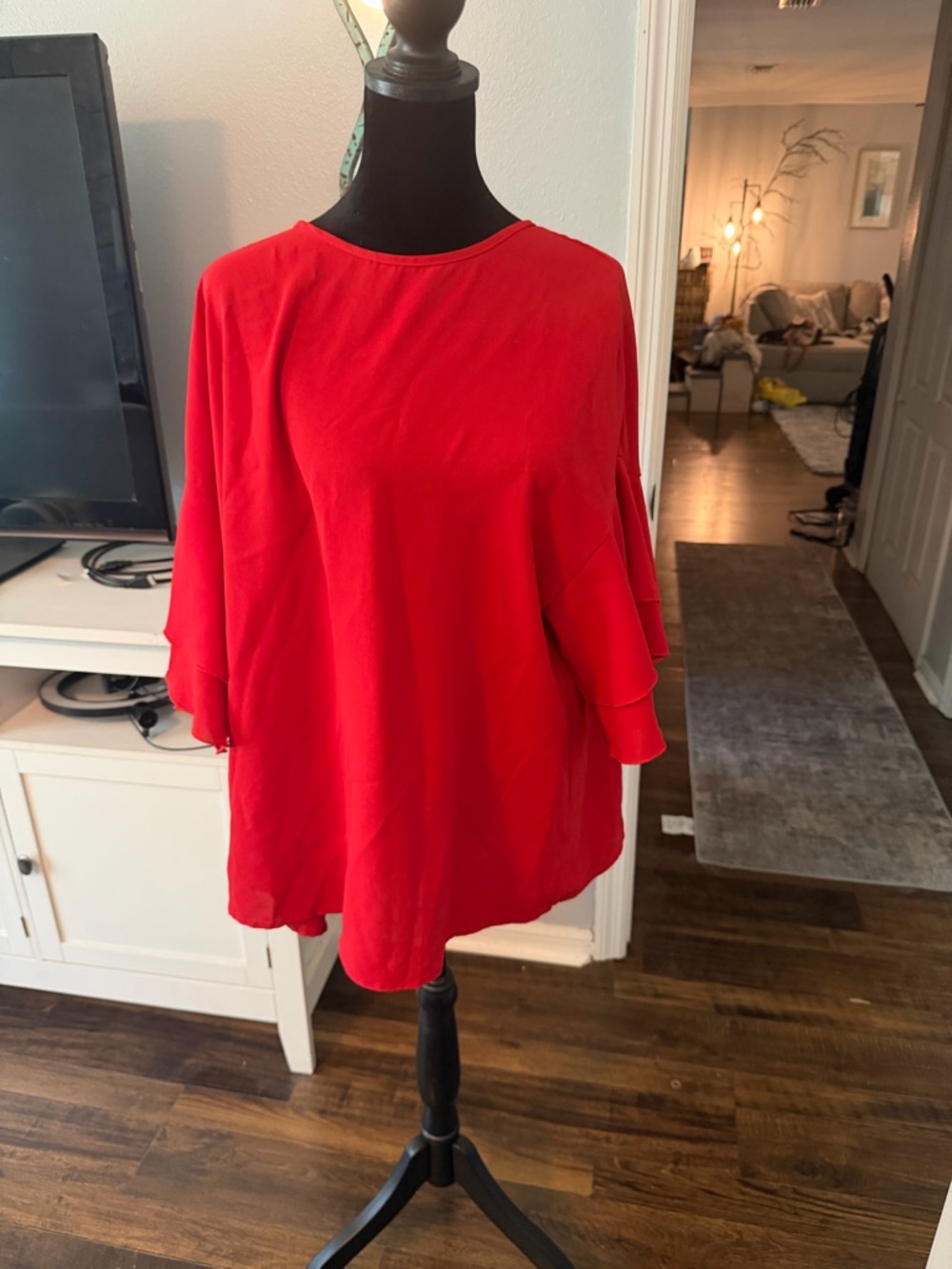 Women's Red Layered Ruffle Sleeve Blouse